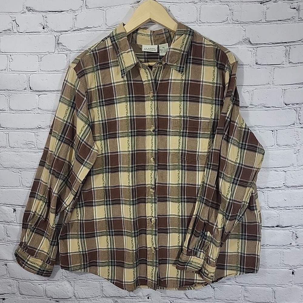 Classic Elements Shirt Womens XL Button Up Plaid 100% Cotton